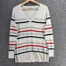 Loft Sweater Pullover Women M White Striped V-Neck Long Sleeve Acrylic