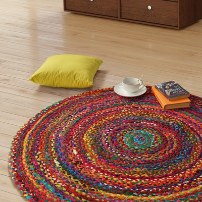 Boho Chic 9Ft Round Cotton Area Rug - Ecofriendly Handmade Vintage Style