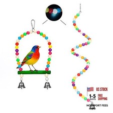 2PCs Swing Parrot Toy Spiral Perch Bird Cage Toy - Colorful Wood & Glow Beads