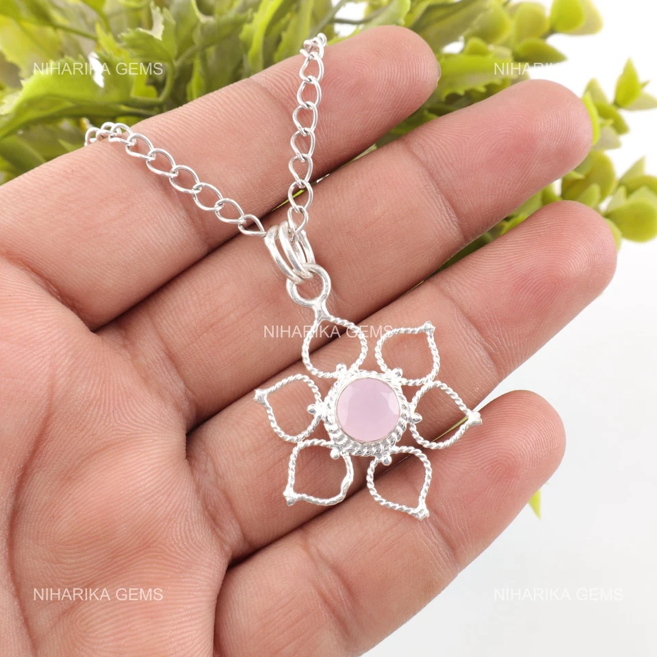 Argento Sterling Rotondo Naturale Rosa Calcedonio Nero Friday Fidanzamento - Immagine 3 di 4