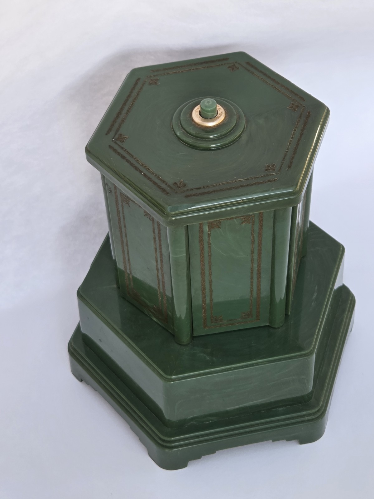 Antique Green Swiss Harmony Roundelay Music Box Cigarette Lipstick Carousel 