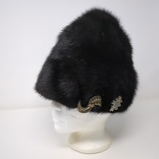 Vintage Faux Fur Black Pillbox w/ Pins Brooch One Size Formal Womens Hat Cap