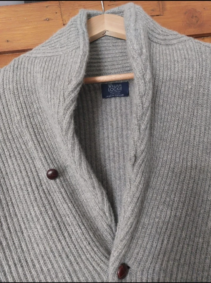Cárdigan William Lockie cuello chal 46 XXL gris 100 % lana de cordero geelong