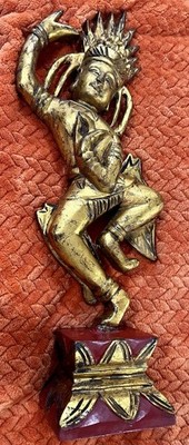 Vintage Hand Carved Wood Thai Apsara Dancer Statue Gold Asian Figurine