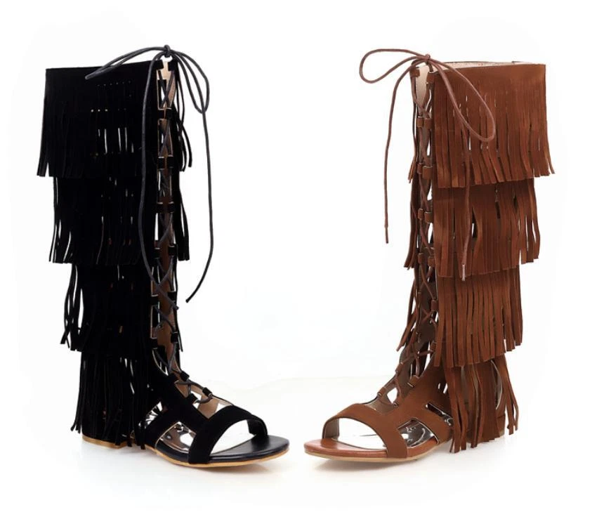 Sandalia para mujer con borla en la mitad de la pantorrilla botas punta abierta cremallera 2 cm sandalia plana hueca  Foto 4 de 4