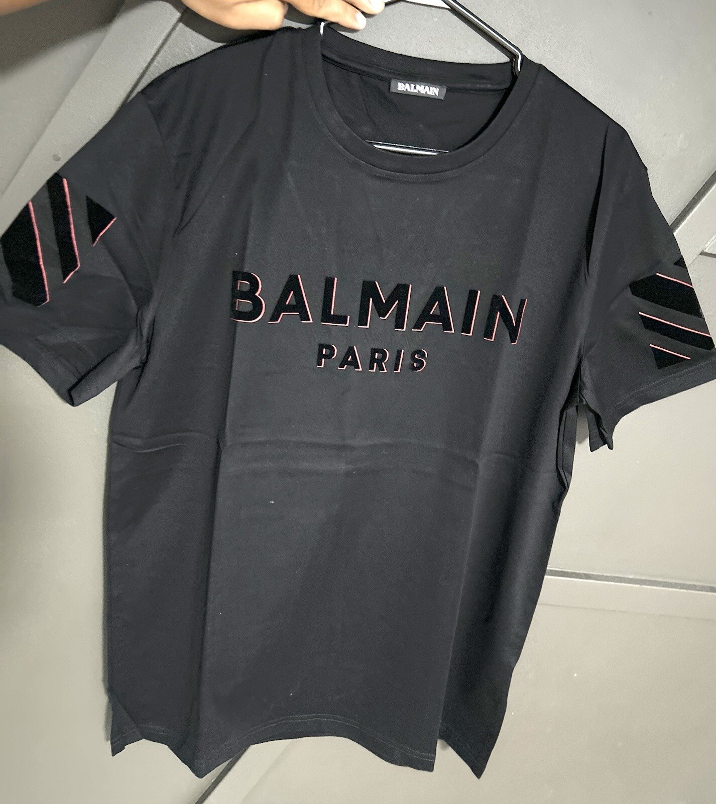 Replica Balmain Shirt Balmain Paris Black Orange Color Textured Logo Crew  Neck T Shirt