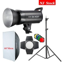 US Godox SK400II Flash Monolight Head+BD-04 Barndoor+60*90cm Softbox Light Stand