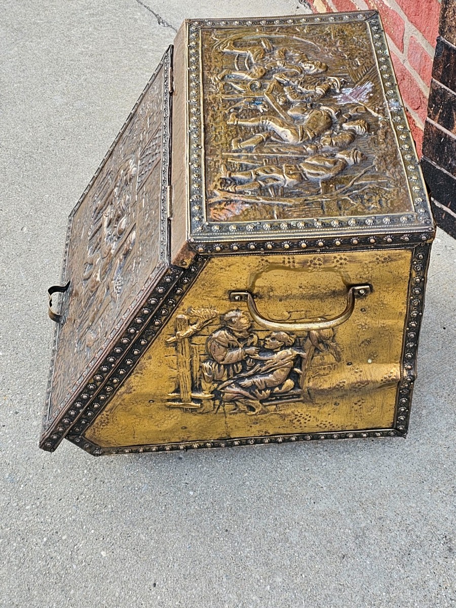 Antique Victorian Ornate Embossed brass firewood coal storage