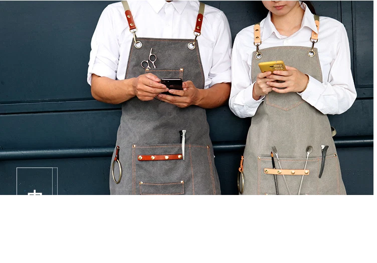 Canvas Bib Leather Chef Kitchen Apron Women Men Barista Bartender Pockets Home - Image 2 of 3