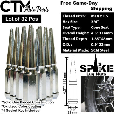 32Pc 4.5'' TALL CHROME M14x1.5 SPIKE LUG NUT+KEY FIT CHEVY SILVERADO 8-LUG TRUCK