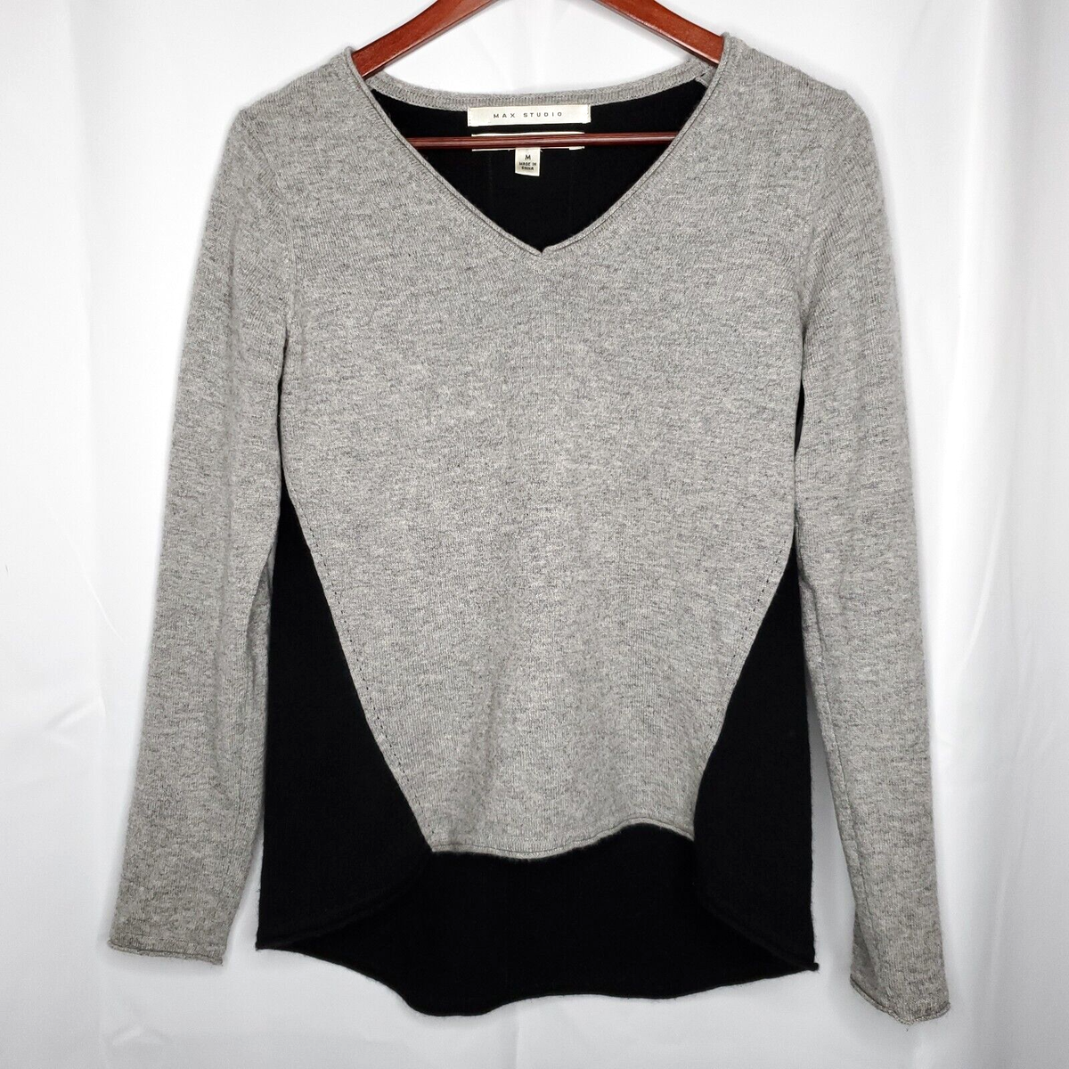 Max Studio Cashmere Sweater M Hi Lo Color Block Gray Black Rolled