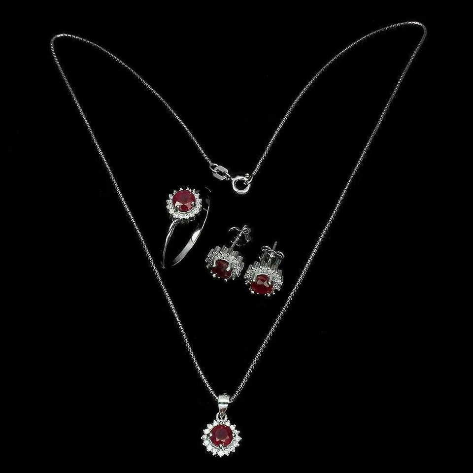 Silver Ruby Pendant Earring Ring Genuine Natural Gems Solid Sterling N 1/2  US 7 - Image 2 of 4