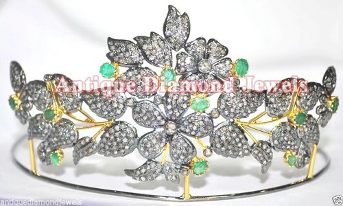 16,10ct Rosenschliff Diamant 925 Silber Smaragd Viktorianischer Look Hochzeit Diadem Krone - Bild 1 von 11