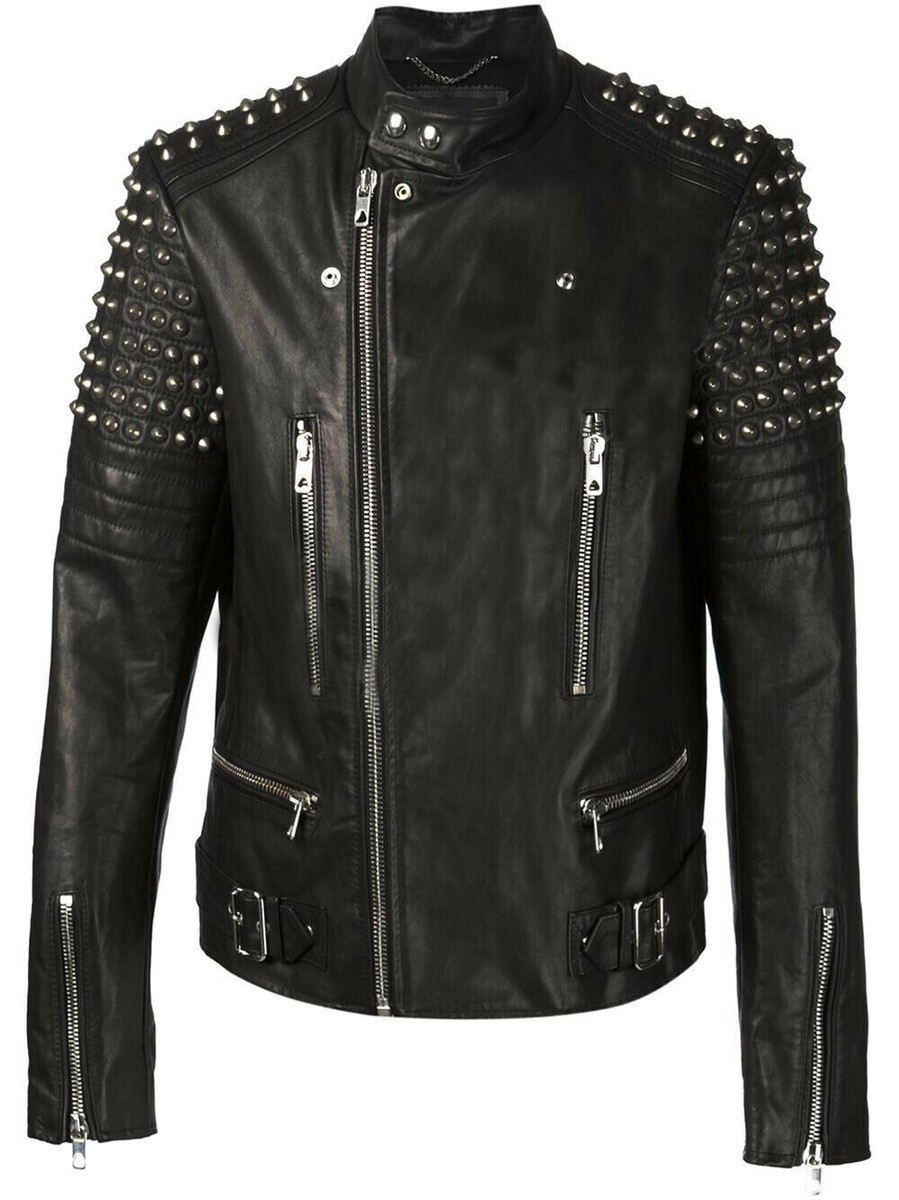 New Men's Black Silver Studded Zippered Button Cowhide Biker Leather  Jacket-318