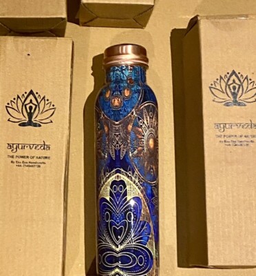 AYURVEDA REINES KUPFER FLASCHE BEDRUCKT WASSERFLASCHE YOGA GESUNDHEITLICHE VORTEILE UK VERKÄUFER