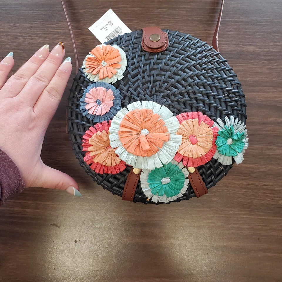 NUEVO CON ETIQUETAS J Crew Azul Mimbre Paja Circular Floral Cartera Bolso con Correa Foto 2 de 4