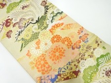 7651281: JAPANESE KIMONO / ANTIQUE MARU OBI / WOVEN CRANE FLORAL PLANTS
