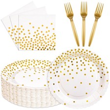 90 Pcs White and Gold Plates and Napkins Party Supplies, Scalloped Gold Polka...