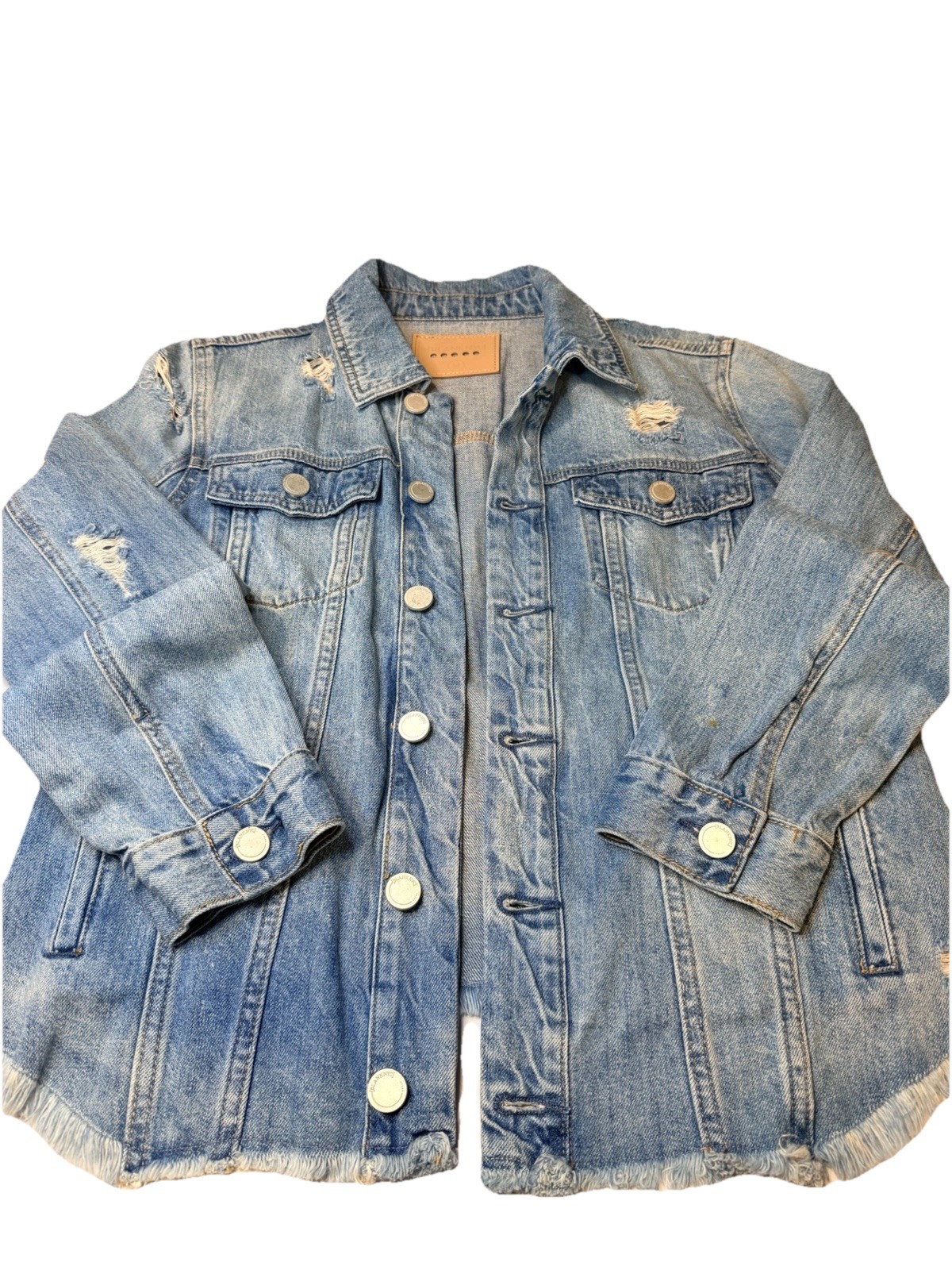BlankNYC Women’s Light Wash Distressed Denim Jacket Raw Hem 100% Cotton Size M