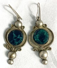 Beautiful vintage Inlay Eilat stone drop pierced earings sliver tone finish 1.5"