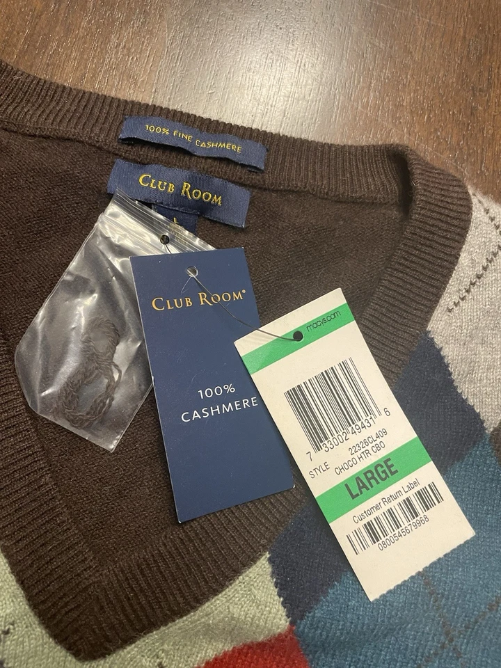 Novo com etiquetas! Colete Suéter Masculino Club Room 100% Cashmere Argyle Decote V Tamanho G - Imagem 3 de 4