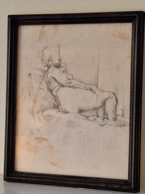 Kleine Lebenszeichnung Bleistift Arbeitszimmer, gerahmt, H27xB23cm
