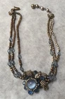 Miriam Haskell Vintage Blue Gold Beaded Necklace Glass Cabochon Flower Pendant