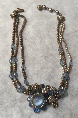 Miriam Haskell Vintage Blue Gold Beaded Necklace Glass Cabochon Flower Pendant