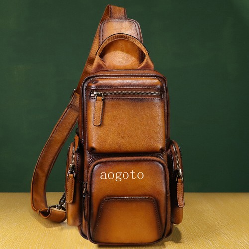 Genuine Leather Sling Bag for Men Retro Sling Backpack Women Purse Crossbody Bag - 第 5/14 張圖片