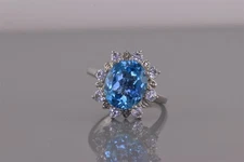 SJM Sterling Silver Blue & White Topaz Halo Burst Diamond Band Ring 925 Sz: 9