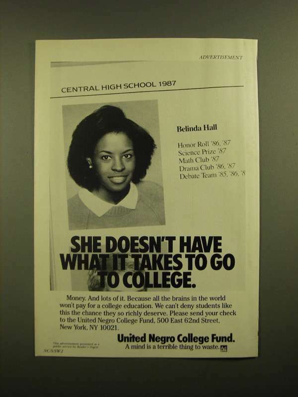 1988 United Negro College Fund Ad - She Doesn't Have What It Takes