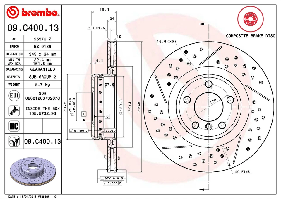 Rotor de freno de disco trasero Brembo 09.C400.13 345 mm para BMW 330i GT 2017 xDrive Foto 2 de 3