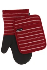 Cuisinart Kitchen Oven Mitt/Glove & Potholder Set, Twill Stripe- Red Dahlia