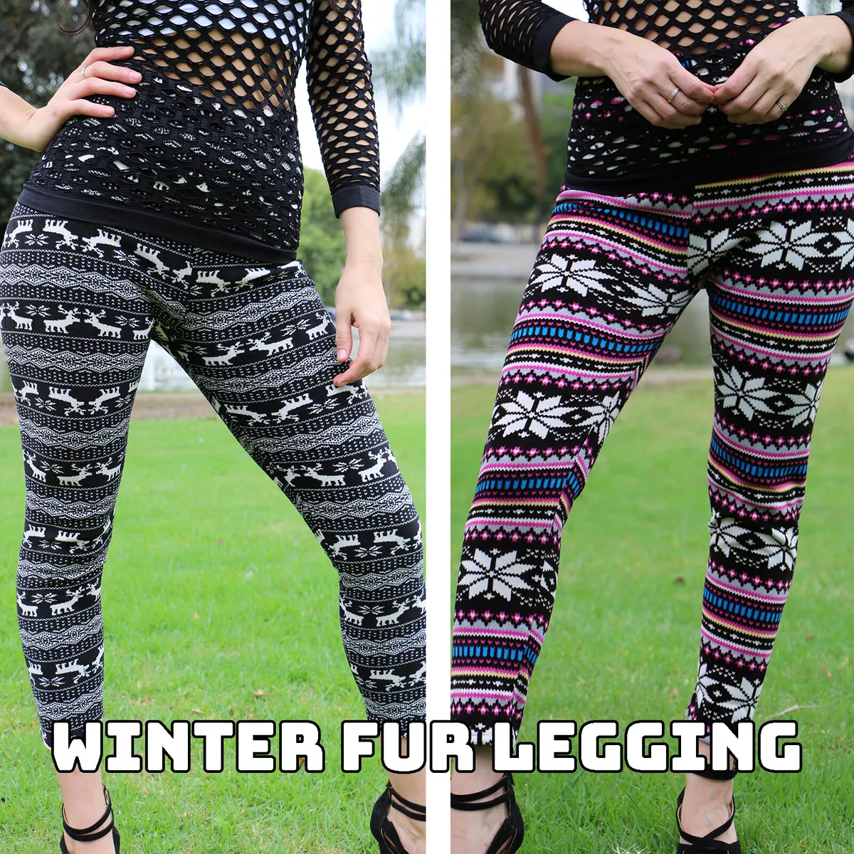 Flees Lined Leggings Winter Tribal Print Thick Fleece Stretch Pants -One Size TD