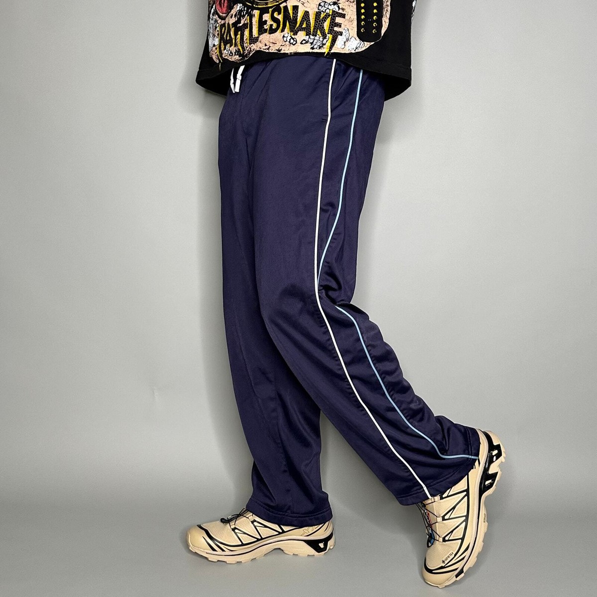 Vintage Nike Sweatpants Mens L Navy Blue Polyester Baggy Wide Leg White  Blue 90s