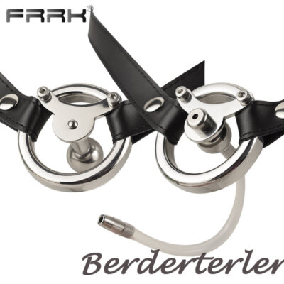FRRK Flat Chastity Cage with PU Belt for Men Lock Stainless Steel Negative Rings