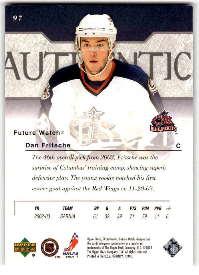 2003-04 SP Authentic Future Watch Dan Fritsche Rookie /900 #97 Columbus Blue - Image 2 of 2