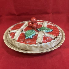 Sanor Ceramica VTG Cherry Pie Serving Dish Portugal Decorative Cherry Cover 12"