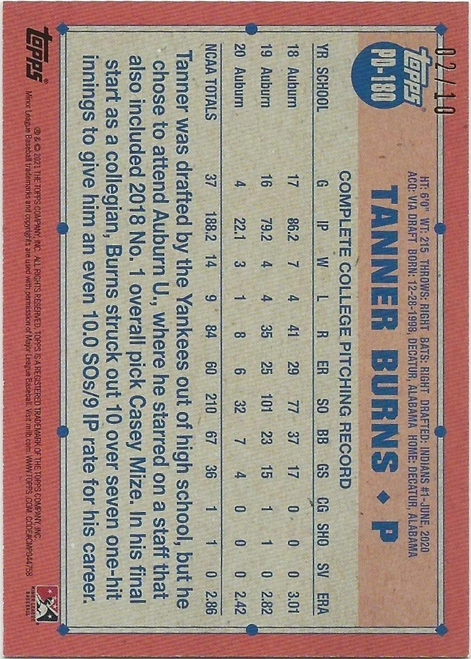 2021 Topps Pro Debut TANNER BURNS Red Parallel 02/10 AZL INDIANS Prospect PD-180 - Image 2 of 2