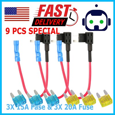 3 Pack 12V 15 Amp Car Add-Circuit Fuse TAP Adapter Kit Mini ATM APM Blade Fuse