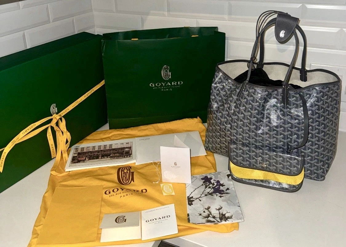 Goyard Saint Louis PM Gray Canvas Tote Bag Handbag w Dust Bag And