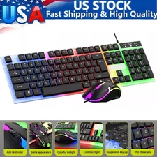Backlit Computer Desktop Wired Gaming Keyboard + Mouse Mechanical Feel Led Light