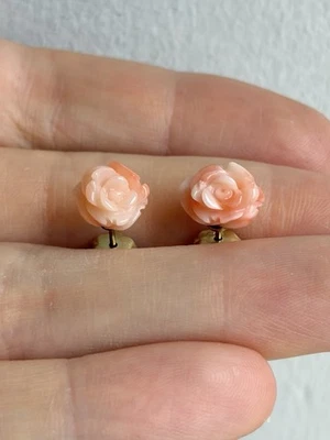 Antique Vintage Hand Carved Angel Coral Rose Stud Earrings Gold Sterling Silver - Image 1 of 4