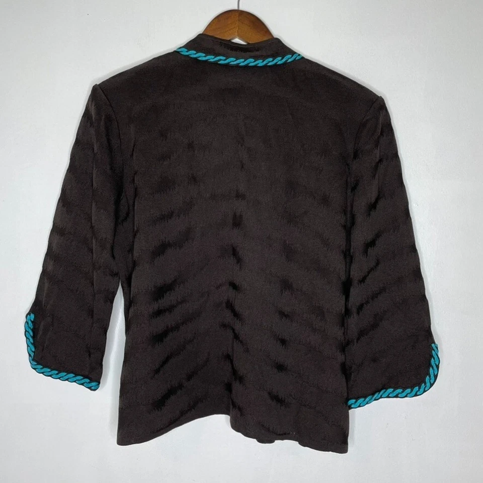 Ming Wang Jacket L Brown Blue Trim Open Front Textured Knit Career Chic NEW - Image 4 of 4