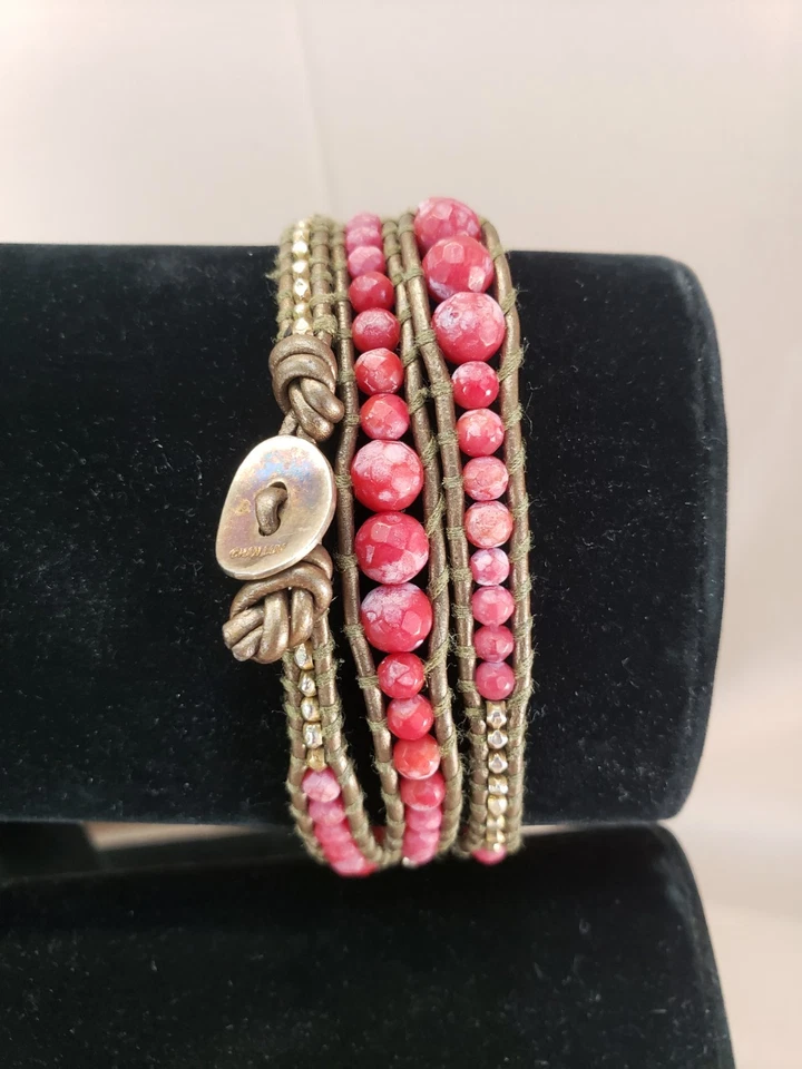 Pulsera Chan Luu Bronce Cuero y Piedras Preciosas Fucsia Cuentas 21" Foto 2 de 4