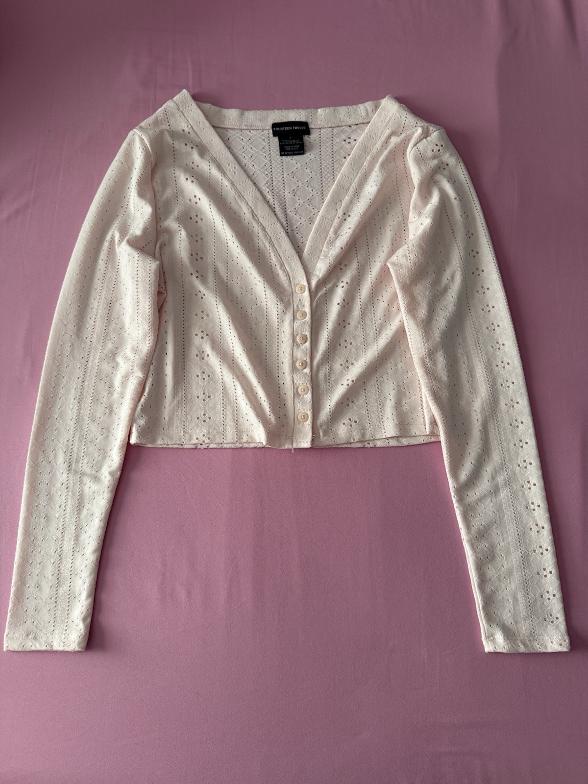 Fourteen Twelve Long Sleeve Cropped Pink Cardigan Women Size Large