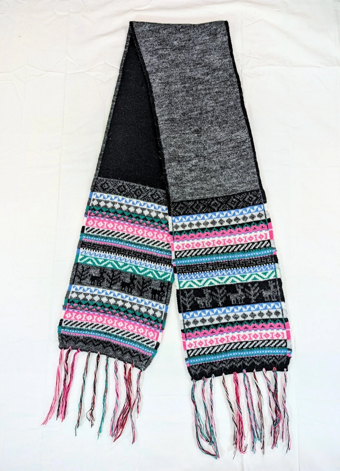 Black Pink Reversible Soft Alpaca Scarf Peruvian Inca Pattern Textile