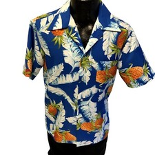 Vtg 60 70'd Keliis Hawaii Men's Blue HAWAIIAN Tropical Island PINEAPPLES Shirt M