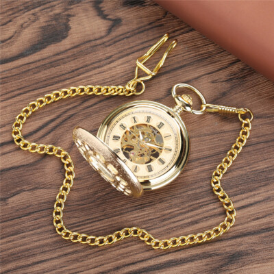 Gold Tone Skeleton Mechanical Pocket Watch Roman Numerals