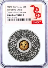2025 LUNAR Year of SNAKE 1oz $1 Silver Rotating Charm Antiqued Coin NGC MS69 FR